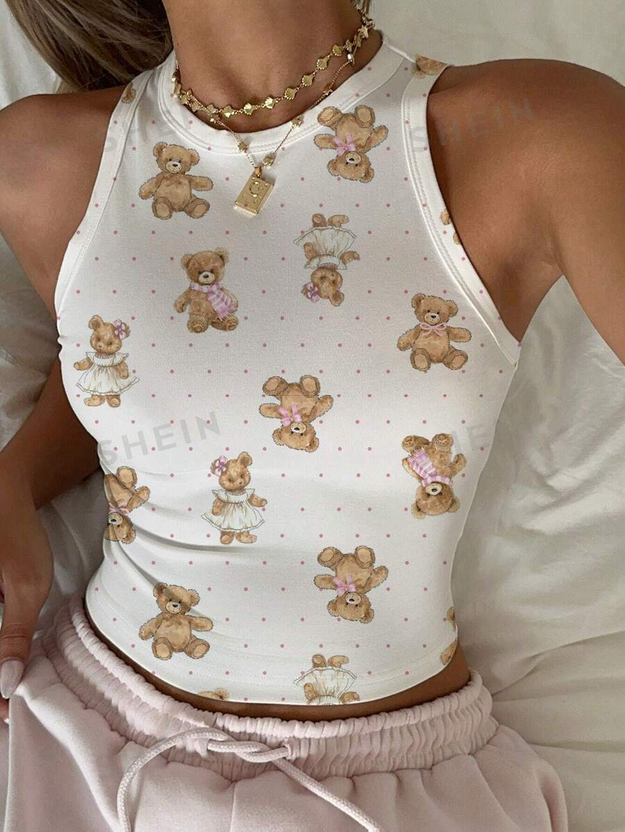 SHEIN EZwear Top holgado de mujer de talla grande con estampado de lunares y osos, estilo minimalista casual, cuello redondo, adecuado para el verano