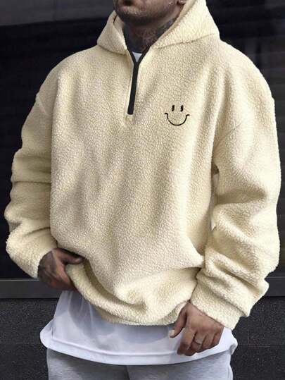 Men Teddy Fabric Smile Embriodery Half Zipper Regular Hoodie