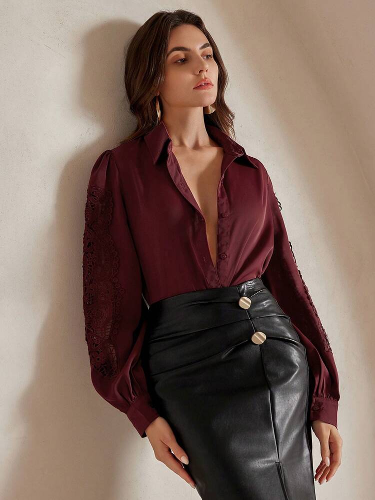 French Design Elegant Embroidered Lace Long Sleeve Blouse For Women