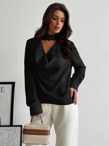 Firerie 女士时尚领口修身纯色缎面长袖衬衫，春夏优雅职业通勤装，情人节系列 - 黑色 - 查看 4