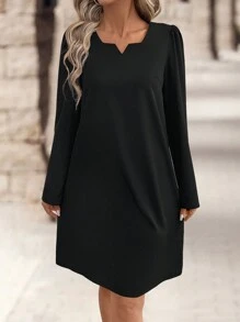 EMERY ROSE Blue Textured Fabric, Small Notched V-Neck,Fall Women Dresses - Black - View 3