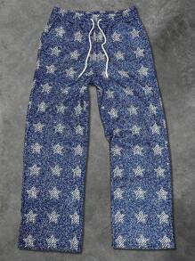 Men's Casual Star Print Drawstring Waist Pants, Jeans-Look - Blue - View 6