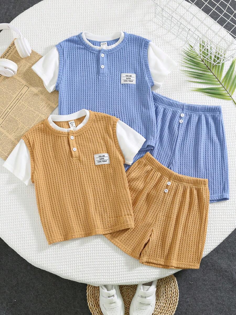 4 Stücke/Set Kleine Jungen Kostengünstig Bequem Lässig Niedlich Vielseitig Waffelpull 2 in 1 Kurzarm T-Shirt und Shorts Set, geeignet für Frühling/Sommer, für den täglichen Gebrauch, Sport, Ausflüge, Schule, Party, Urlaub, Fotoshootings - Verschiedenfarbig - Übersicht 1