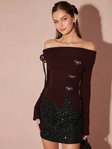 Enchnt 女士露肩长袖休闲上衣，带蝴蝶结装饰