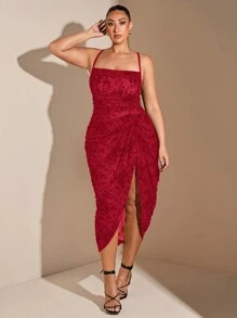 SHEIN BAE Plus Size Damska Elegancka Flokowanie Graceful Midi Plisowana Sukienka Odpowiednia Na Codzienną Randkę, Boże Narodzenie, Święto Dziękczynienia, Walentynki, Koronka, Minimalizm, Damskie Stroje Imprezowe, Sukienki Okazjonalne, Jesień, Sukienka Tiulowa, Krągłości, Elegancka, Sukienka Koktajlowa, Impreza, Wyjście Wieczorne, Plisowana, Rozcięcie, Seksowna, Sukienka Na Szelki, Przyjęcie Urodzinowe, Święta, Długa Spódnica, Popołudniowa Herbata, Suknia Wieczorowa
