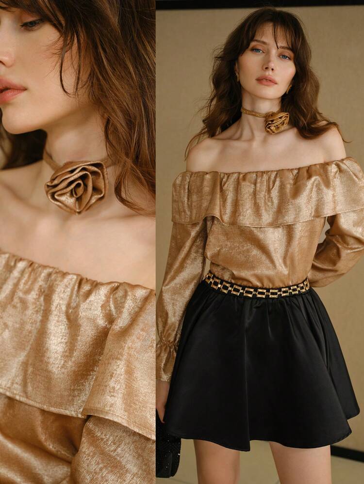 MOTF STUDIO SOLID RUFFLE TRIM OFF SHOULDER FLARE SLEEVE BLOUSE WITH STEREO FLOWER CHOKER FOR NEW YEAR HOLIDAY PARTY CLOTHES