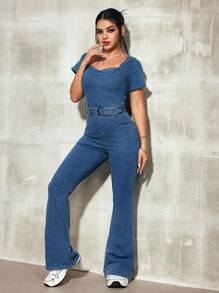 SHEIN EZwear 休闲水洗修身弹力喇叭腿牛仔连体裤，适合户外和日常活动 - 藍色 - 查看 4