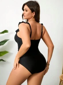 Swim Lushoire Plus Size Women Elegant Deep V-Neck Ruffle One-Piece Swimsuit, Solid Color Slim-Fit For Pool/Beach Summer - Black - View 2