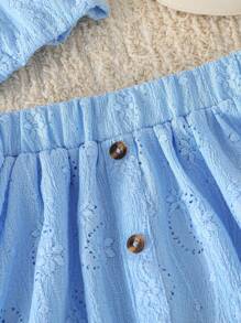 SHEIN 2024春秋新款少女可爱甜辣两件套：提花面料盖袖吊带上衣+甜美荷叶边下摆半身裙，韩版少女可当装，童装 - 藍色 - 查看 3