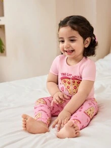 SHEIN 2 pièces/set vêtements d'intérieur confortables pour bébé fille, avec imprimé d'éléments de pizza rose, comprenant un legging à manches courtes - Rose bonbon - Voir 5