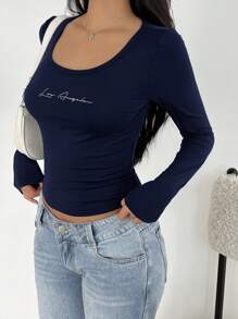 SHEIN EZwear 女款休閒深藍色短版上衣，長袖圓領基礎 T-shirt，適合外出穿著 - 藏蓝色 - 查看 4