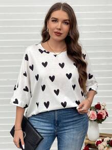 SHEIN LUNE 女士圆领全心印花休闲运动衫，日常穿着情人节女士夏季服装夏季春季服装女士春季服装夏季波西米亚风复古款