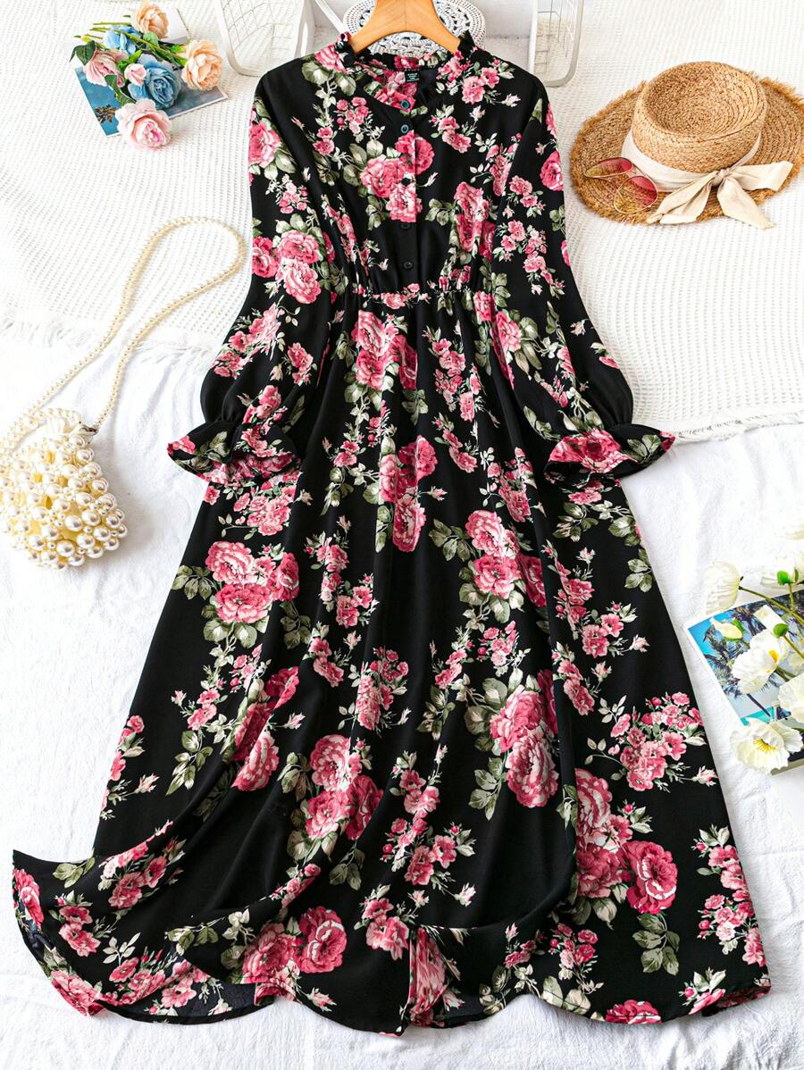 DreamSkyne Vestido de manga larga con estampado de flores para mujer talla grande - Negro - Ver 1