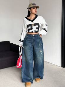 SHEIN EZwear Plus Size Loose Fit Ripped Blue Denim Wide Leg Casual Jeans Fashion Solid Retro Washed Baggy Women Jeans High Waist Straight Leg Jeans Wide Leg Jeans Winter Jeans Halloween Outfits Street Cool Style Streetwear Pants For Women Homecoming Fall Clothes
