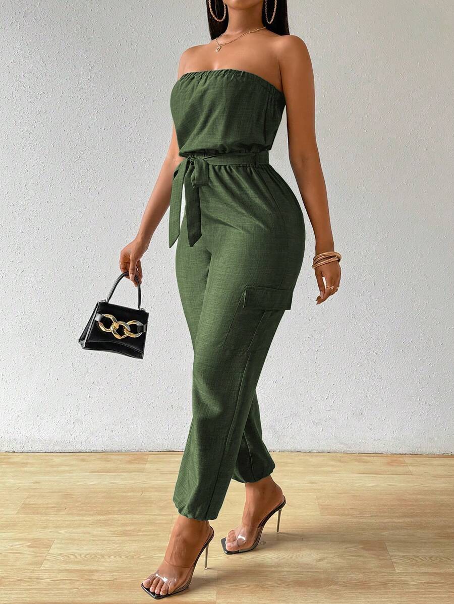 Zolique Women's Solid Color Bandeau Jumpsuit, Simple & Casual Daily Wear - Army Green - View 1