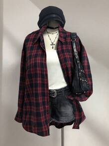 Flirla Áo sơ mi kẻ caro Mỹ cổ điển dành cho nữ, áo khoác nhiều lớp rộng rãi, áo cánh dài tay thường ngày, mùa xuân/thu - Đỏ - Xem 1