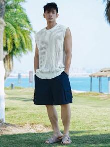 DAZY 男士度假沙滩透气网眼镂空上衣 - 米色 - 查看 7