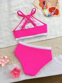 Spring/Summer Bikini Set, Minimalist Fashion Style, Fuchsia & White, Floral Petal Cutout Neckline, Tween Girls Fuchsia-White Contrast Floral Cutout Neck Two-Piece Bikini Set, Stylish Casual Elegant Suitable For Swimming, Vacation, Summer