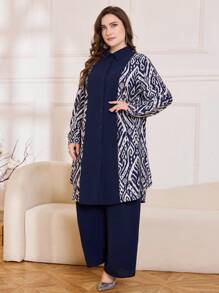 Lacomfia Random Floral Pattern, Heterogeneous Floral Patchwork, 2 Pieces Set, Elegant Retro Plus Size Fall Cloth For Women - Navy Blue - View 3