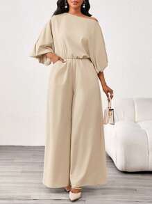 SHEIN Lady 秋冬季优雅复古工作休闲办公室香槟色编织不对称领舞会礼服主教袖新款连体裤 - 駝色 - 查看 1