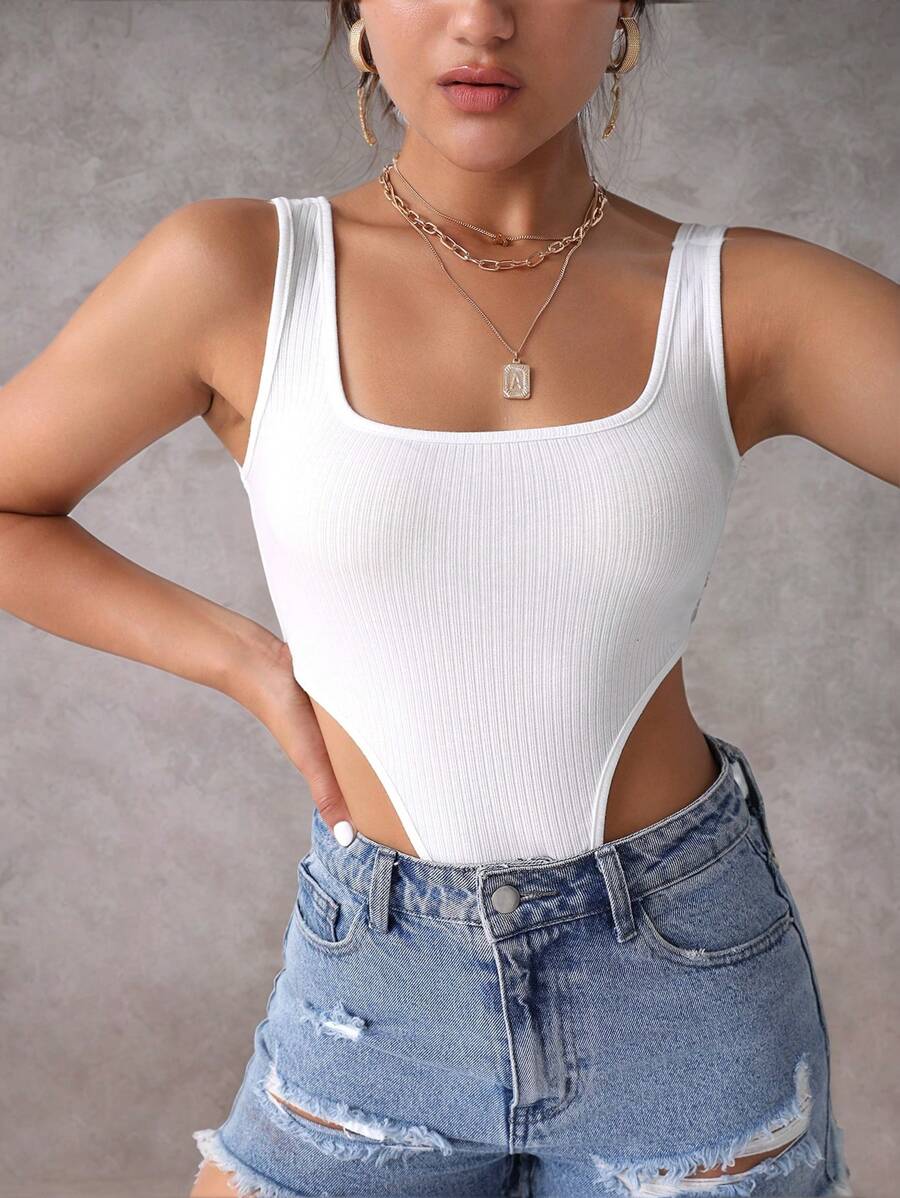 SHEIN BAE Solid Ribbed Knit High Cut Tank Bodysuit - White - View 1