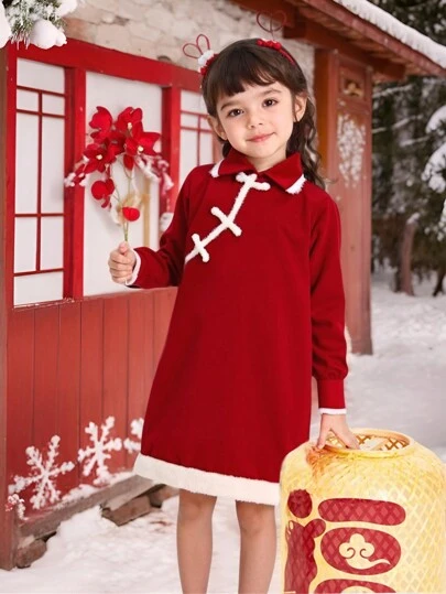 Girls Retro Style Chinese Cheongsam Dress, Red Color, Side Open Front Mandarin Collar, Loose Fit Improved Qipao, New Oriental Style For Valentine's Day & New Year, Autumn/Winter