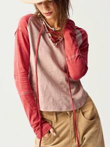 Bohemela Boho Women's Fitted V-Neck Knit Color Block Long Sleeve Top, Casual - Coral Pink - View 6