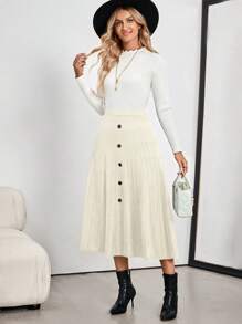 EMERY ROSE Women's A-Line Front Button Plain Simple Casual Knitted Skirt - White - View 5