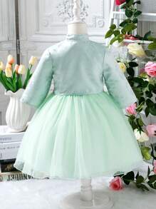 SHEIN 2pcs/Set Girls Vintage Chinese Style Half Sleeve Woven Jacquard Jacket + Light Mesh Overlay Dress, Retro-Modern Princess Style Outfit For Spring/Autumn