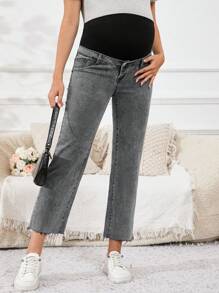 SHEIN Maternity Contrast Color Patchwork High Waist Tapered Leg Jeans - Grey - View 7