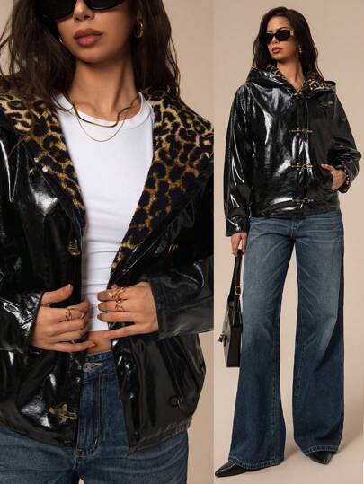 Forever 21 Fall & Winter Formal Baddie Airport For Women Woman Formal Birthday Resort Wear Women Elegant Woman Clothing Long Sleeves Basic Going Out New Years Spring Clothes Oversized Style Cloth Vacation Vintage Clothes Women Modest Classy Casual Valentine's Day Old Money Business Casual Woman Leopard Long Sleeve Y2k Clothes Holiday Party Jacket Black PU Leather Coat