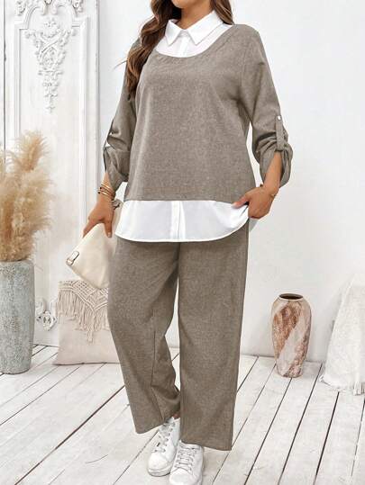 Linhara Ensemble femme grande taille automne 2 pièces, chemise à manches longues et pantalon, couleurs contrastées