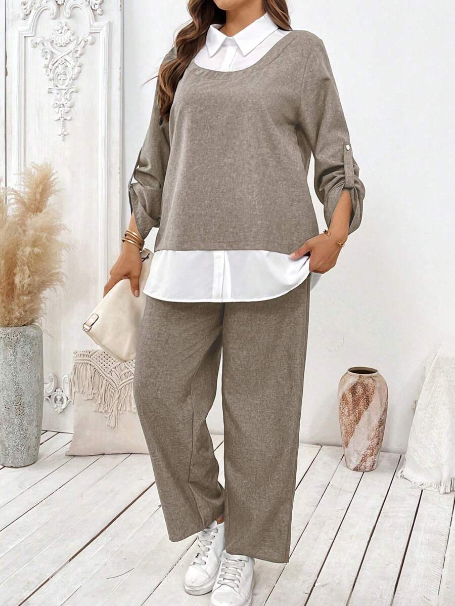 Linhara Completo donna taglie forti, camicia a maniche lunghe e pantaloni a contrasto di colore, set 2 pezzi per l'autunno