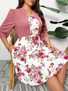 SHEIN Clasi Vestido con bolsillo con estampado floral blanco y rosa parche, tallas grandes, elegante vestido de Día de San Valentín, vestidos elegantes, vestidos románticos, vestidos de verano para mujer, vestidos de primavera para mujer, vestido de playa, vestido de vacaciones, estilo bohemio