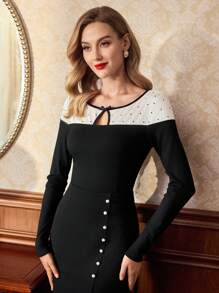 Vintamour 复古优雅女式针织T恤波尔卡圆点印花蝴蝶结仿珍珠长袖休闲上衣工作假日新年连衣裙女式冬装女式长袖衬衫长袖上衣新年女式衬衫女式度假女士生日女士黑色上衣外出上衣女式冬装女式衬衫圣诞衬衫冬季上衣新年上衣情人节