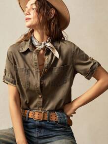 Bohemela 女士休闲纯色梭织宽松短袖衬衫西部风女装节日嬉皮女牛仔 - 灰色 - 查看 8