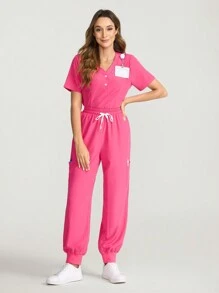 TaskEZ Pink V-Neck Casual Top With Pockets & Drawstring Pants Set Scrub Uniform Set - Hot Pink - View 5