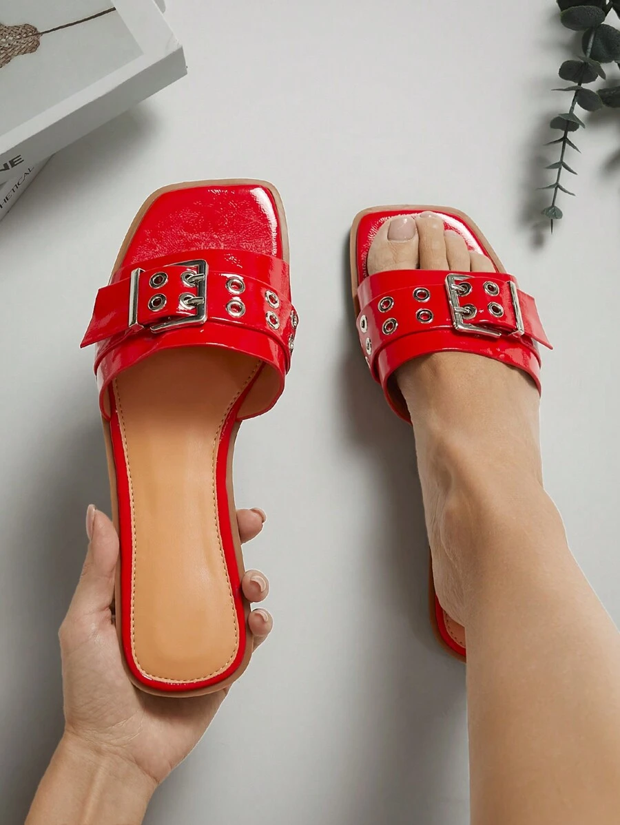 SHUZIA Women's Big Buckle Grommet Decor Square Toe Flat Slide Sandals-Punk Chic, Edgy & Spring Shoes Spring Break Easter - Red - View 1