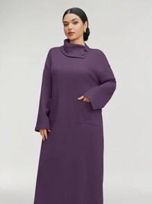 Al Najma 女士纯色高领长袖口袋宽松长款休闲阿拉伯连衣裙，休闲风格，适合日常休闲/旅游/度假/休假/家居服，超长阿拉伯连衣裙 - 紫色 - 查看 3
