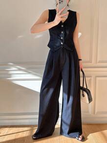 DAZY Western Style Women's Cowboy Clothing V-Neck Vest Wide-Leg Pants Women's Denim Suit Work Women Clothes - Dark Wash - View 5