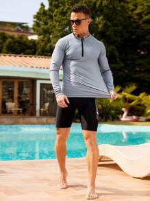 Manfinity Swimmode Men Solid Color Zip Up Surf T-Shirt, Slim Fit Casual Daily Wear,Hawaiian