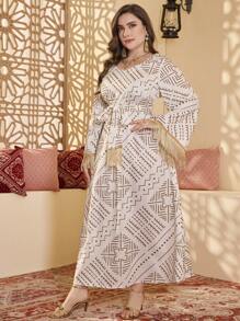 Al Najma Plus Size Women Square Neck Floral Print Tassel Decor Dress