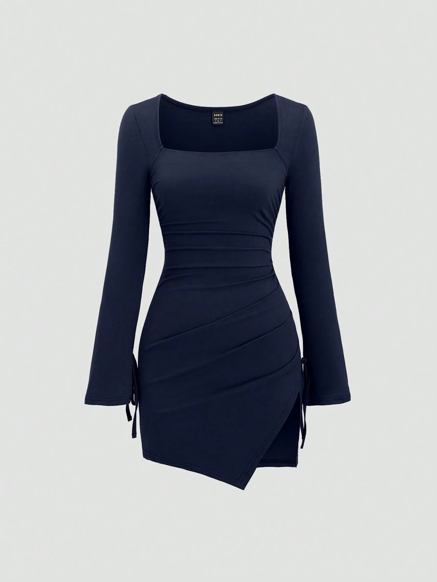 Sweetra Solid Color Square Neck Sexy Split Crossed Wrap Long Sleeve Y2K Dress For New Year Clothes Fall Cloth For Women