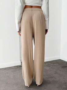 Siren Gaze Solid Zipper Fly Wide Leg Trousers - Khaki - View 2