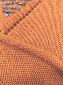 SHEIN Unity Plus Size Women's Crew Neck Dropped Shoulder Hollow-Out & Contrast Sequin Decor Casual Pullover Knit Sweater, Spring/Autumn Knit Pullover Fall Winter Sweater - Orange - View 7