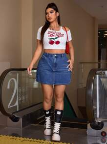 SHEIN ICON Plus Size Button Front Pocket Simple Design Denim Skirt, Casual Daily Wear, For Summer - Blue - View 3