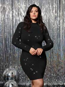 SHEIN VCAY Plus Size Women Solid Color Shiny Elegant Fitted Mini Stand Collar Dress Valentine's Day Outfits Romantic