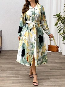 SHEIN Clasi Plus Size Front Button Long Sleeve Printed Tie Front Casual Dress - Multicolor - View 4