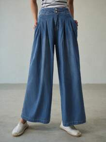 MOTF PREMIUM QUẦN JEANS CHÂN RỘNG GẤP NẾP - Màu xanh lam - Xem 3