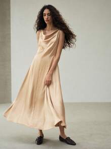 MOTF PREMIUM COWL NECK DRAPED LONG DRESS - Khaki - View 1
